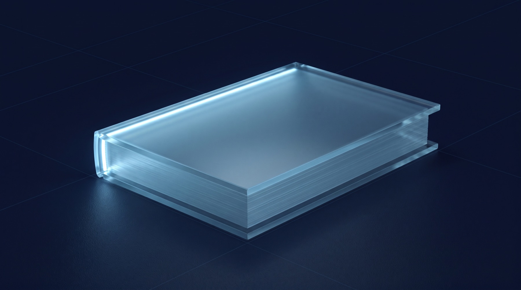 Illustration: a closed volume of frosted glass, its spine edge-lit, on a dark plane