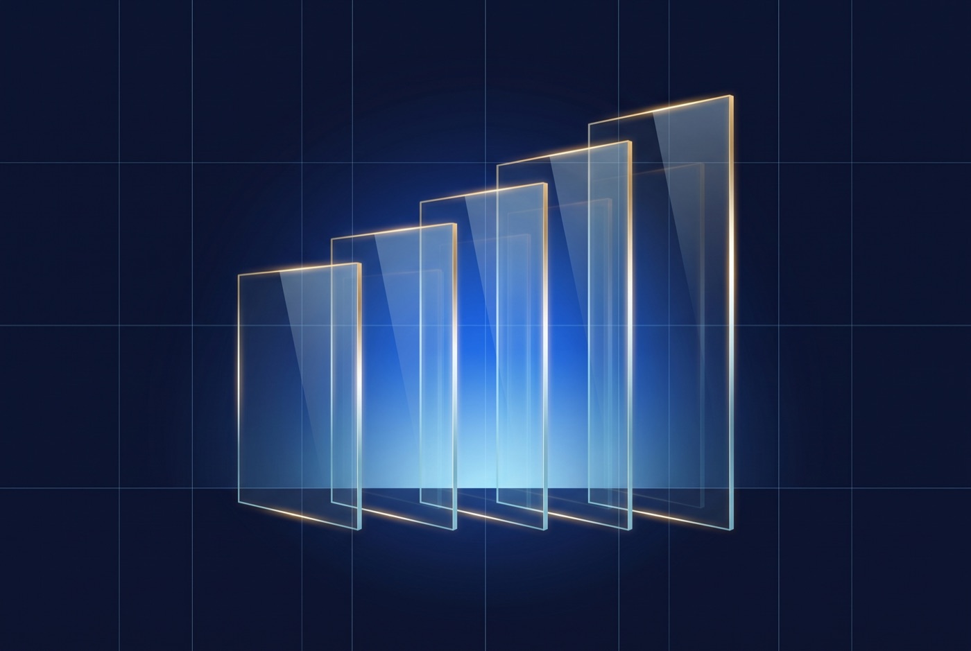 Illustration: five glass planes in ascending height with a gold edge light
