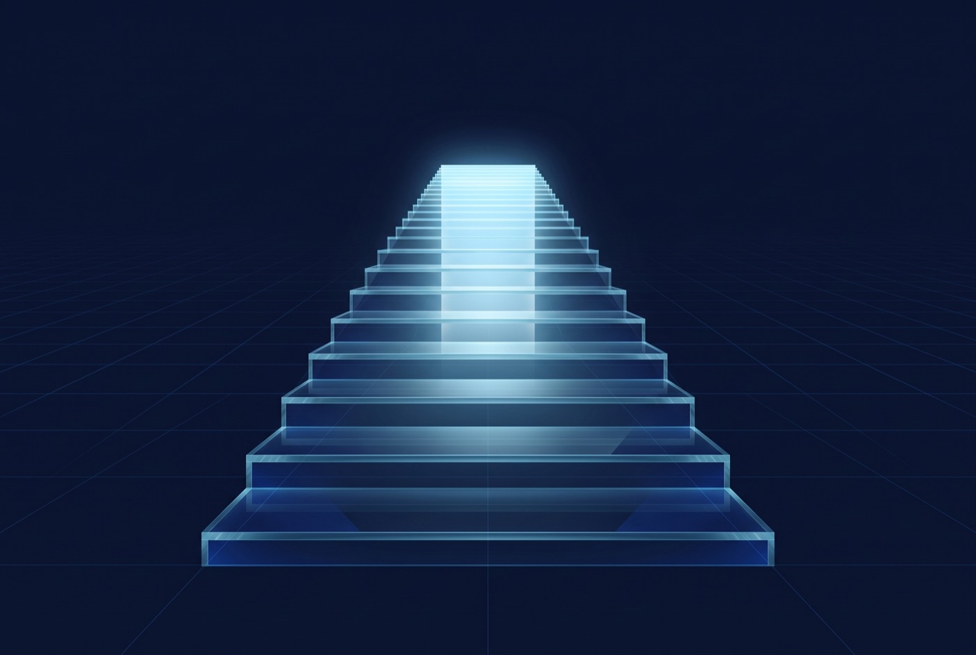 Illustration: ascending glass steps, each lit brighter than the one below