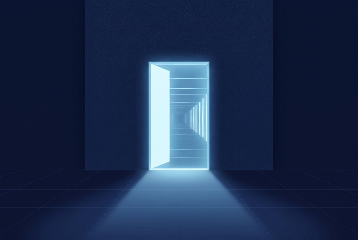 Illustration: an open doorway of light in a navy wall
