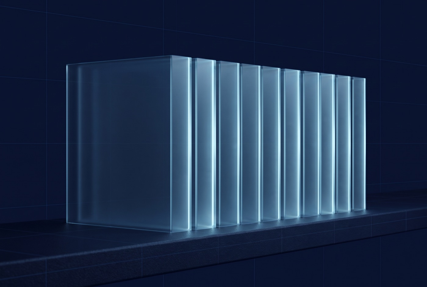 Illustration: a shelf of edge-lit glass slabs with blank spines